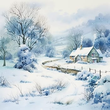 Merry Christmas and Happy Holidays, watercolour printable art print, English countryside cottage as snow winter holiday Christmas card, thank you and diy greeting card design, country style idea