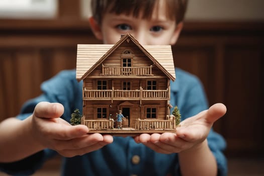 A person sits at a wooden table holding a small, detailed wooden model house. This image captures a moment of admiration for intricate craftsmanship amidst a soft-focus background filled with warm, natural light.
