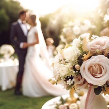 Wedding ceremony and celebration, bride and groom at a beautiful outdoor venue on a sunny day, luxury wedding decor with flowers and bridal bouquet, post-processed, generative ai
