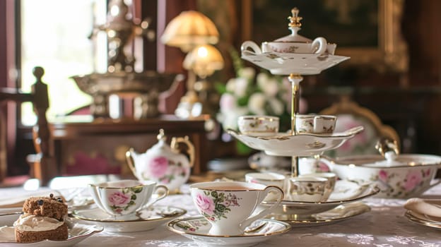 Elegant table setting for tea party with cakes and cupcakes in English manor. Selective focus. Vintage style