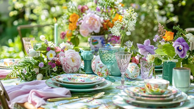 Easter table setting with painted eggs, spring flowers and crockery. Rustic style, selective focus