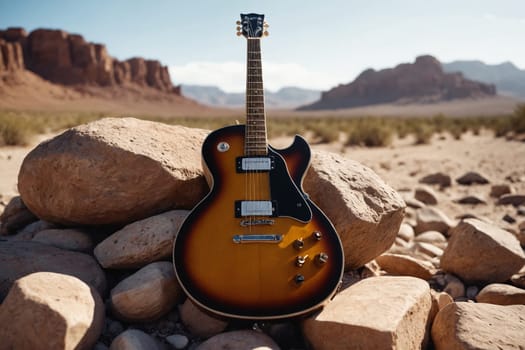 Electric sunburst guitar lies on a rugged desert bed, with towering rock formations under a clear blue sky.