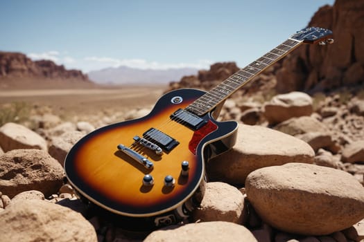 An electric guitar's journey through the desert, resting on stones against a monumental rocky backdrop.