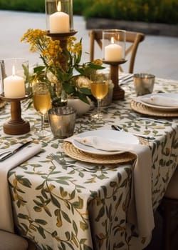 Botanical holiday tablescape, outdoor English country table setting, table scape with elegant tableware and dinnerware for wedding party and event, post-processed, generative ai