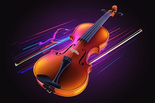 A violin and bow stand out in a mesmerizing violet aura, symbolizing the fusion of music and light.