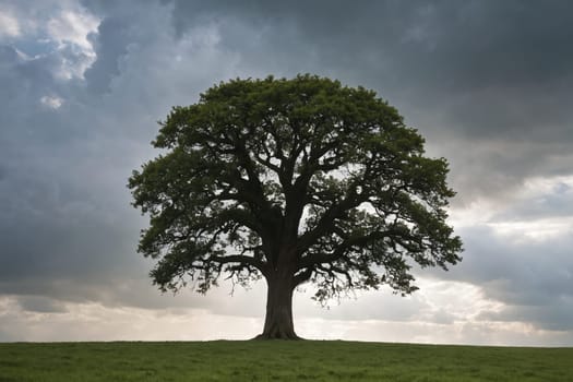 Solitary tree with lush green canopy stands in open field, dark storm clouds gathering above.