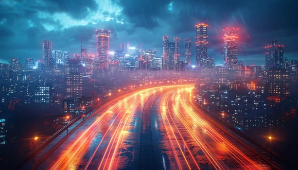 A city street with a long, empty highway with a bright orange glow by AI generated image.