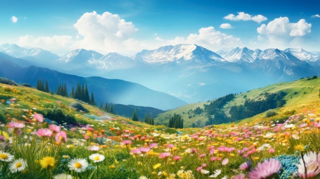 Beautiful alpine meadows with wildflowers. Beautiful landscape, picture, phone screensaver, copy space, advertising, travel agency, tourism, solitude with nature, without people.
