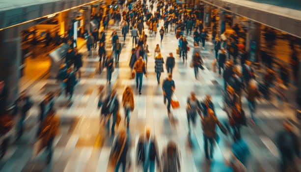 A busy airport with people walking around and carrying luggage by AI generated image.