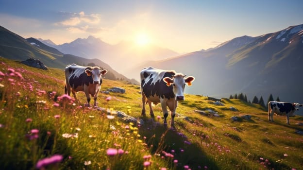 Cows graze in alpine meadows with wildflowers near the mountains. Beautiful landscape, picture, phone screensaver, copy space, advertising, travel agency, tourism, solitude with nature, without people.