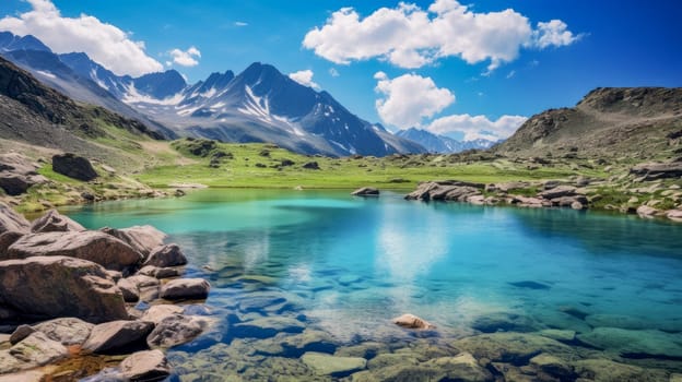 Beautiful clean lake in the mountains and rocks. Tourist place to relax. Beautiful landscape, picture, phone screensaver, copy space, advertising, travel agency, tourism, solitude with nature, without people