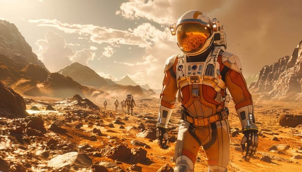 A man in a space suit walks across a desert planet by AI generated image.