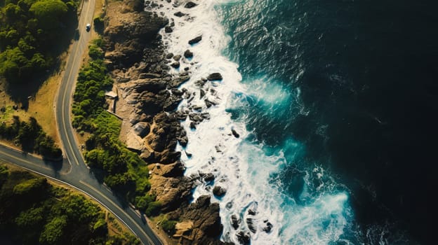 Automobile road among the forest, sea and rocks. Beautiful landscape, picture, phone screensaver, copy space, advertising, travel agency, tourism, solitude with nature, without people