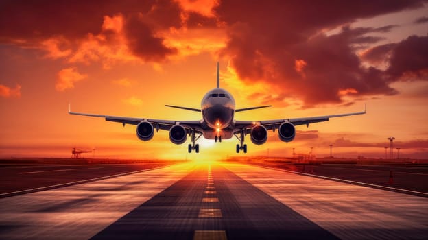 A passenger plane flying in the colorful sky. Aircraft takes off from the airport runway during the sunset. Beautiful landscape, picture, phone screensaver, copy space, advertising, travel agency, tourism, solitude with nature, without people