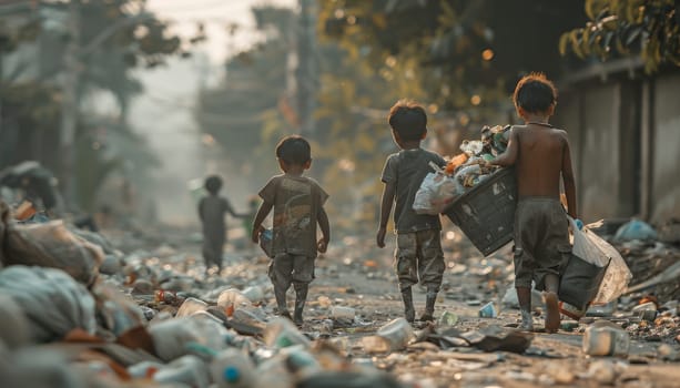 Three children carrying a trash bag walk down a street by AI generated image.