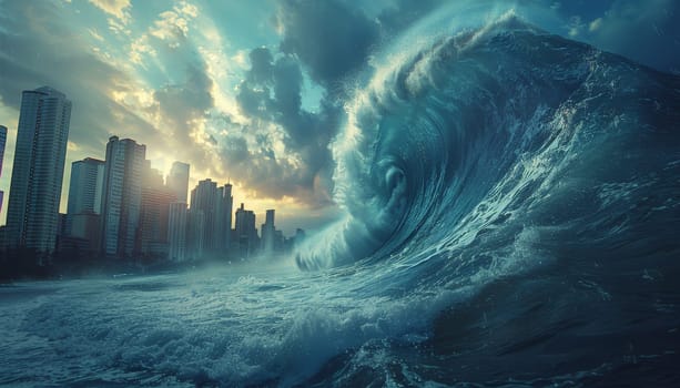 A huge wave is crashing into a city by AI generated image.