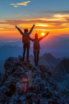 Two people are standing on a mountain peak, one of them is holding a camera by AI generated image.