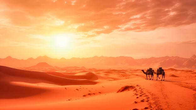 Tuareg with camels walk thru the desert on the western part of The Sahara Desert in Morocco. The Sahara Desert is the world's largest hot desert. Beautiful landscape, picture, phone screensaver, copy space, advertising, travel agency, tourism