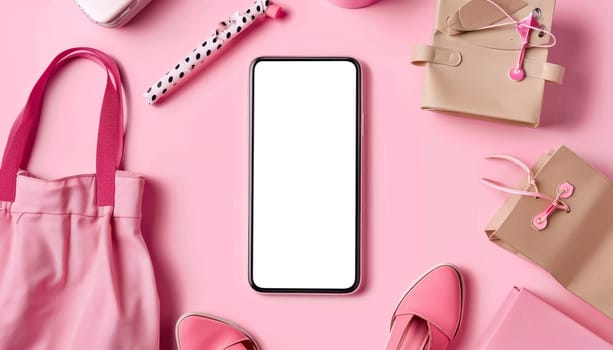 A pink background with a cell phone displaying a shopping cart by AI generated image.