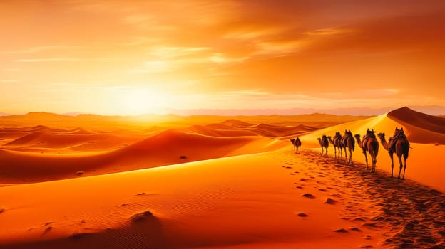 Tuareg with camels walk thru the desert on the western part of The Sahara Desert in Morocco. The Sahara Desert is the world's largest hot desert. Beautiful landscape, picture, phone screensaver, copy space, advertising, travel agency, tourism
