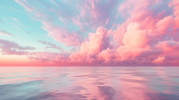 Pink sunset on the shore of the lake, sea sand, beautiful colors in sky, clouds over the water surface. Beautiful landscape, picture, phone screensaver, copy space, advertising, travel agency, tourism, solitude with nature, without people, outdoors.
