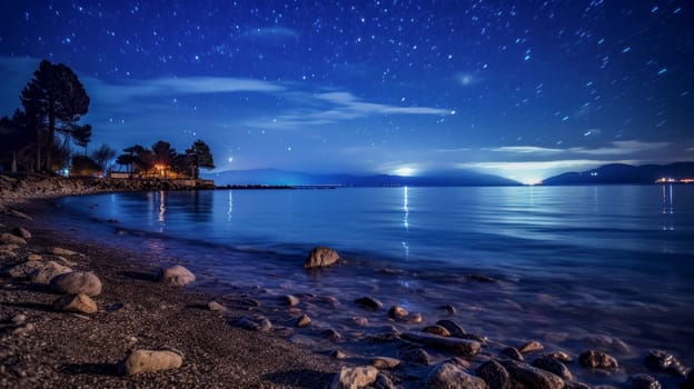 Beautiful night landscape with stars over the water. Beautiful Milky Way in the sky on a summer day. Beautiful landscape, picture, phone screensaver, copy space, advertising, travel agency, tourism, solitude with nature, without people