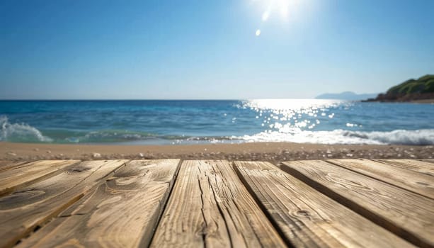 A wooden table with a view of the ocean by AI generated image.