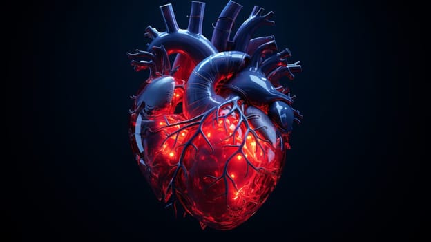 Human heart model,concept of cardiology, health care, human organ transplant. 3D modeling in the field of internal organ transplantation. Technologies in medicine and scientific research of the body, the study of human internal organs