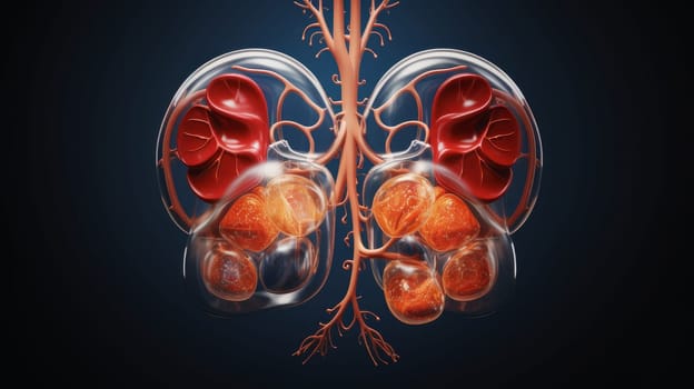 Anatomical model of the human body and organs. Part of a human body model with organ system. 3D modeling in the field of internal organ transplantation. Technologies in medicine and scientific research of the body, the study of human internal organs