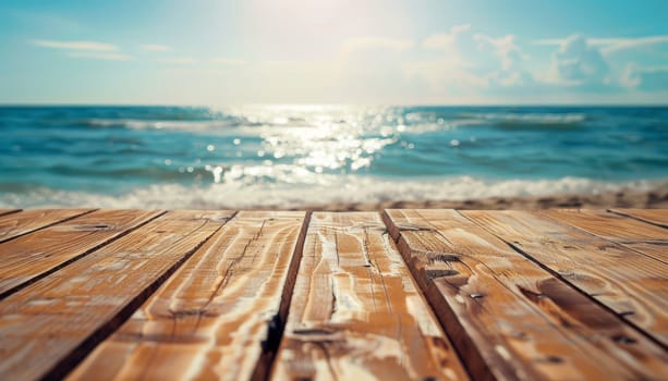 A wooden table with a view of the ocean by AI generated image.