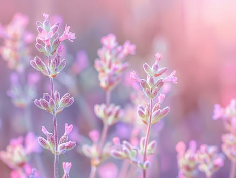 Delicate lavender flowers with dew drops in soft focus, glowing in the morning light. For design and print with copy space for spring and wellness themes. Ai generation. High quality