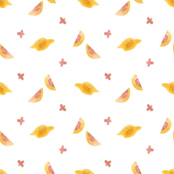 Lemons, lemon slices and pink lemon flowers. Seamless watercolor pattern for fabric, wallpaper, wrapping paper, packaging cosmetics, tablecloths, curtains and home textiles