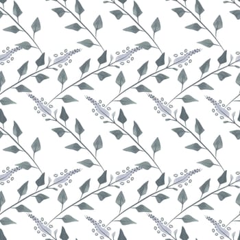 Flowering twigs and leaves of mint or lemon balm in a dusty green color in sketch style. Seamless watercolor pattern for fabric, wallpaper, wrapping paper, packaging cosmetics, tablecloths, curtains and home textiles