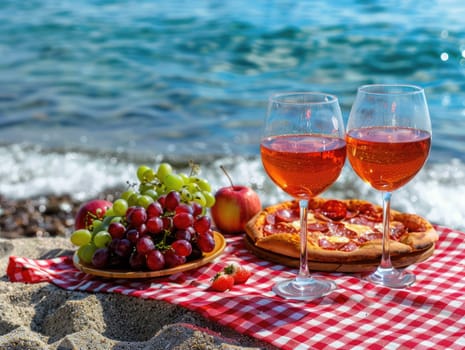 Picnic on the beach at sunset with a spread of fresh fruits, pepperoni pizza, and red wine. Romantic summer dining, food, and wine tasting concept with seaside view. Ai generation. High quality photo