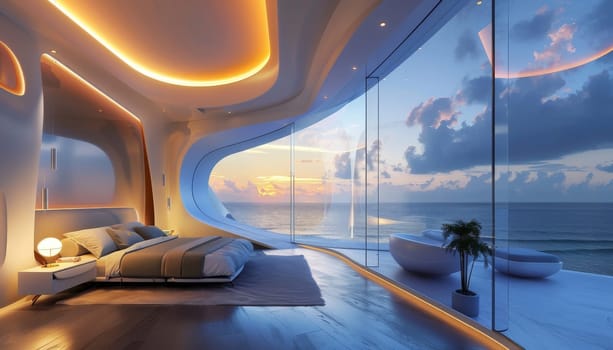 A bedroom with a large window overlooking the ocean by AI generated image.