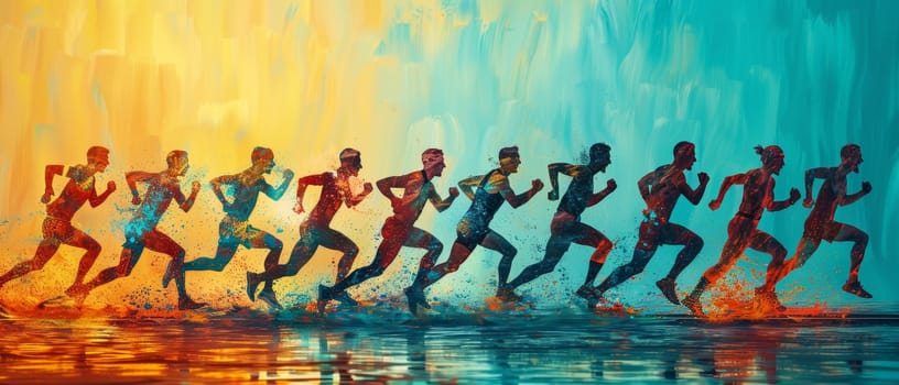 A group of runners are running in a race with a red and blue background by AI generated image.