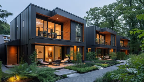 A large, modern house with a lot of glass windows and a black roof by AI generated image.