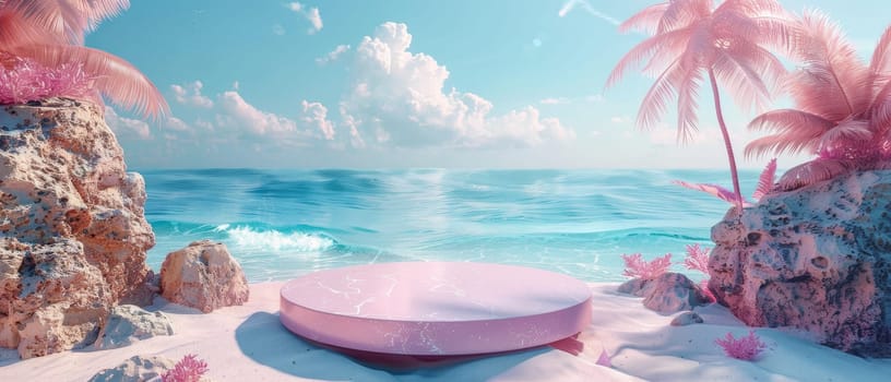 A pink beach scene with a large pink sphere on the sand by AI generated image.
