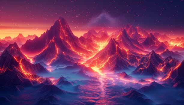 A colorful, glowing landscape with mountains and a blue sky by AI generated image.