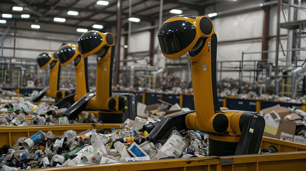 A group of yellow robots equipped with engineering technology are efficiently working in a warehouse to assemble automotive tires and metal components for the automotive industry