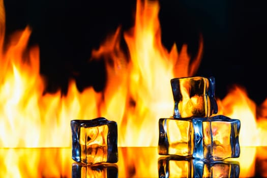 studio photo of a burning ice crystal and in a black reflective surface 3