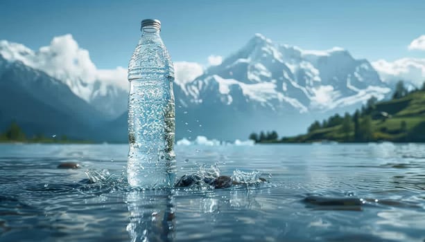 A bottle of water is floating in a river next to a mountain range by AI generated image.