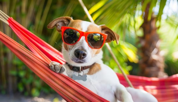 A dog wearing sunglasses and a collar is laying on a red hammock by AI generated image.