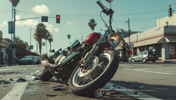 A motorcycle is laying on the road with a broken front wheel by AI generated image.