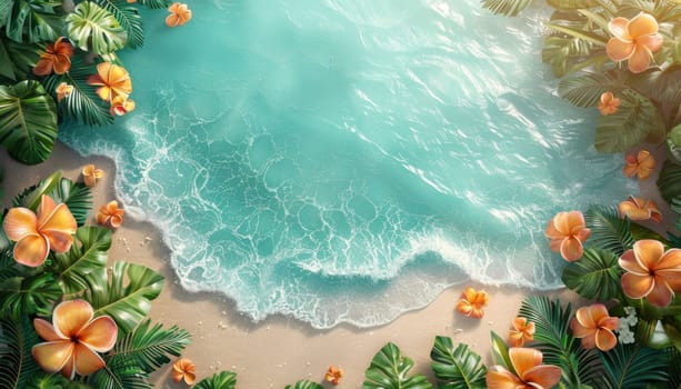 A beach scene with a large body of water and a few starfish and shells by AI generated image.