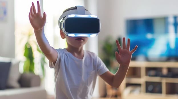 Photo of a young boy wearing futuristic VR goggles and gesturing in the room