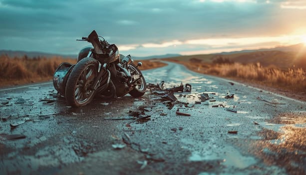 A motorcycle is laying on the road with a broken front wheel by AI generated image.