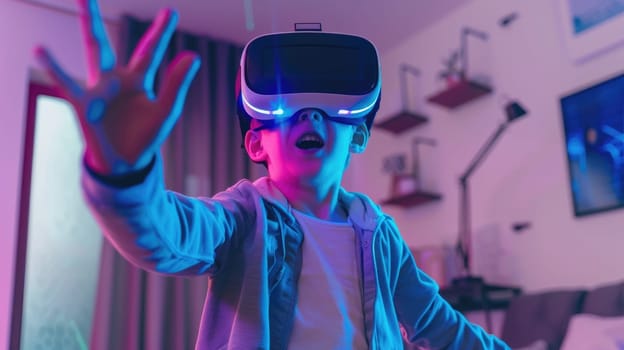 Photo of a young boy wearing futuristic VR goggles and gesturing in the room