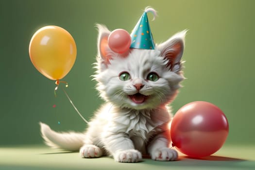 cute kitten in a festive cap with a balloon, birthday .