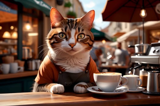 cat barista makes coffee near the coffee machine in a cafe .